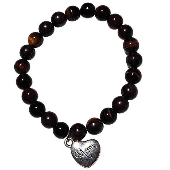 Natural Tiger Eye Bead Heart Mom Charm Stretch Bracelet Mothers Day Jewelry - Picture 1 of 4